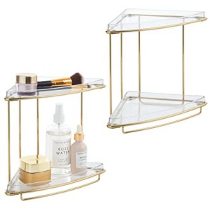 mdesign steel/plastic freestanding countertop corner shelf organizer with 2-tier storage for bathroom, vanity, cabinet, counter - holds makeup, bath gel - prism collection - 2 pack - clear/soft brass