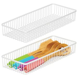 mdesign metal farmhouse kitchen cabinet drawer organizer basket tray, shallow storage bin for cutlery, serving spoons, cooking utensils, appliances, gadgets, unity collection, 15" long, 2 pack, white