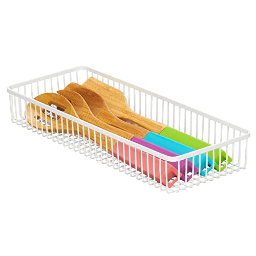 mDesign Metal Farmhouse Kitchen Cabinet Drawer Organizer Basket Tray, Shallow Storage Bin for Cutlery, Serving Spoons, Cooking Utensils, Appliances, Gadgets, Unity Collection, 15" Long, 2 Pack, White