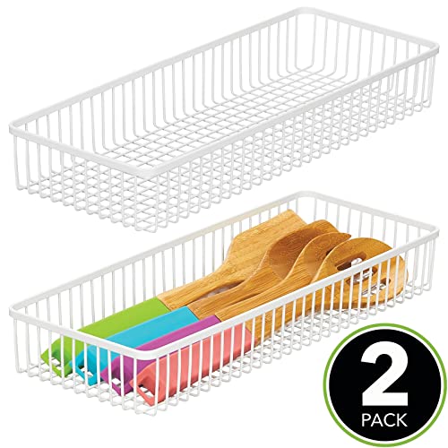 mDesign Metal Farmhouse Kitchen Cabinet Drawer Organizer Basket Tray, Shallow Storage Bin for Cutlery, Serving Spoons, Cooking Utensils, Appliances, Gadgets, Unity Collection, 15" Long, 2 Pack, White