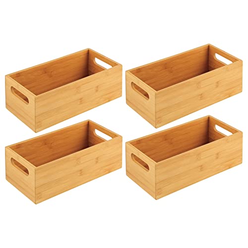 mDesign Bamboo Storage Bin Container, Drawer Organizer Crate Boxes with Handles for Kitchen Pantry Cabinet, Shelves, or Counter, Holds Snacks, Spices, Drinks, Echo Collection, 4 Pack, Natural/Tan