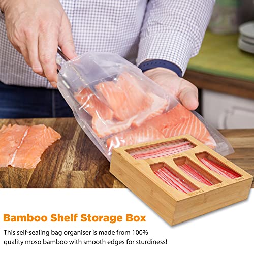 Bamboo Food Storage Ziploc Bag Organizer - Perfect for a Kitchen Drawer and Kitchen Organization - Plastic Ziploc Bags Storage Compatible with Gallon, Quart, Sandwich & Snack Variety Size Bags