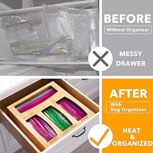 Bamboo Food Storage Ziploc Bag Organizer - Perfect for a Kitchen Drawer and Kitchen Organization - Plastic Ziploc Bags Storage Compatible with Gallon, Quart, Sandwich & Snack Variety Size Bags