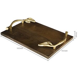 MyGift Handmade Solid Mango Wood Decorative Tray with Elegant Gold Leaf Metal Handle, Serving Tray Coffee Table Display Tray, Handcrafted in India