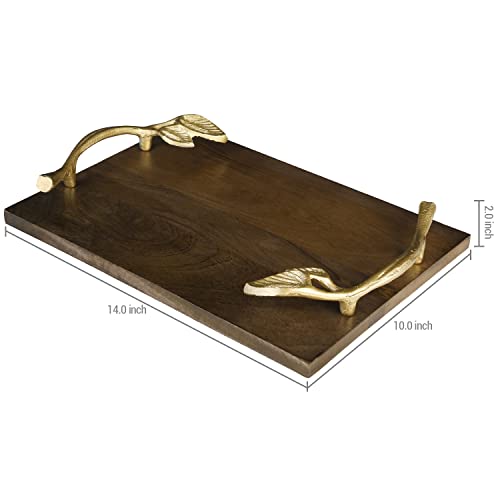 MyGift Handmade Solid Mango Wood Decorative Tray with Elegant Gold Leaf Metal Handle, Serving Tray Coffee Table Display Tray, Handcrafted in India