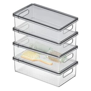 mdesign small plastic stackable bathroom cabinet storage bin box with handles/lid, drawer stacking organizer for soap, lotion, towels, and accessories, ligne collection, 4 pack, clear/smoke gray, 15 x 8.5 x 4.2