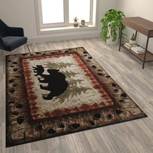 Flash Furniture Ursus Collection Rustic Lodge Wandering Black Bear & Cub Area Rug - Olefin Fibers in Brown, Beige, Black, & Green - 6' x 9' Accent Rug - Jute Backing