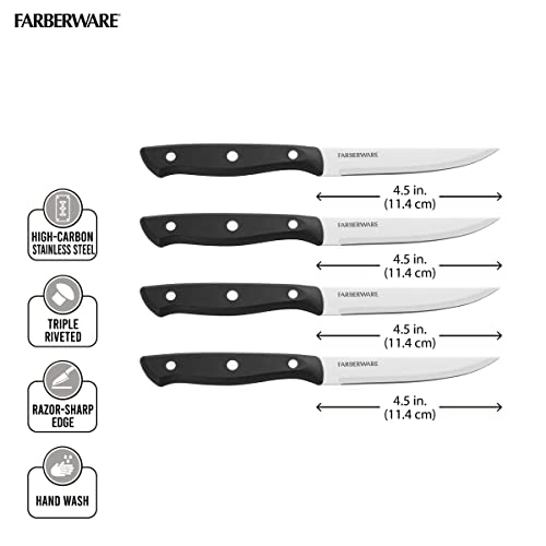 Farberware Triple-Riveted 4-Piece Steak Knife Set, High-Carbon Stainless Steel, Razor-Sharp Knives, Kitchen Knives, Set of 4, Black