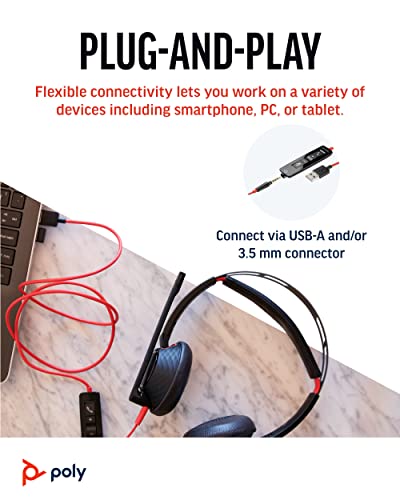 Poly Blackwire 5220 USB-A Wired Headset (Plantronics) - Flexible Noise-Canceling Boom Mic - Ergonomic Design - Connect to PC/Mac, Mobile via USB-A or 3.5 mm - Works w/Teams, Zoom - Amazon Exclusive