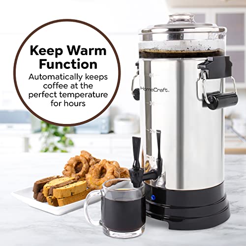HomeCraft 40 Cup Coffee Urn and Hot Beverage Dispenser with Quick-View Brewing and Dripless Faucet, Stainless Steel