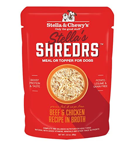 Stella & Chewy's Stella’s Shredrs Grass Fed & Cage Free Beef & Chicken Recipe in Broth, 2.8 oz. Pouches (Pack of 24)