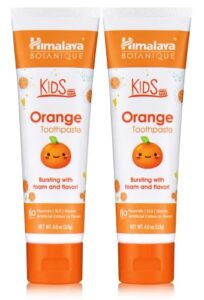 himalaya botanique kids toothpaste, orange flavor to reduce plaque and keep kids brushing longer, fluoride free, 4 oz, 2 pack