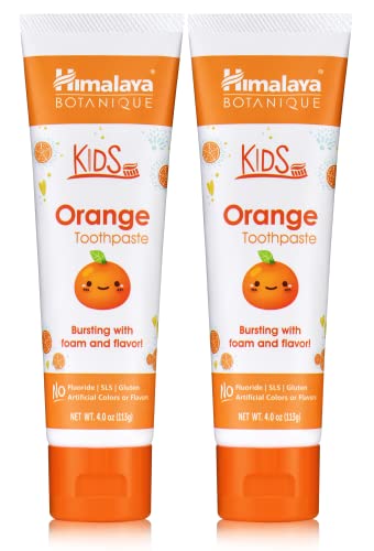 Himalaya Botanique Kids Toothpaste, Orange Flavor to Reduce Plaque and Keep Kids Brushing Longer, Fluoride Free, 4 oz, 2 Pack