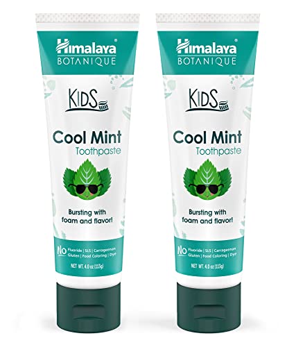 Himalaya Botanique Kids Toothpaste, Cool Mint Flavor to Reduce Plaque and Keep Kids Brushing Longer, Fluoride Free, 4 oz, 2 Pack