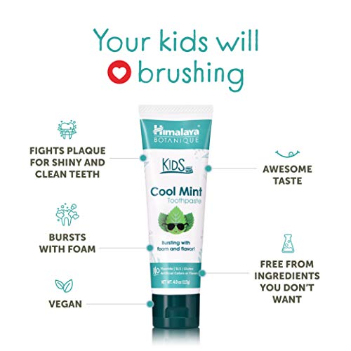 Himalaya Botanique Kids Toothpaste, Cool Mint Flavor to Reduce Plaque and Keep Kids Brushing Longer, Fluoride Free, 4 oz, 2 Pack