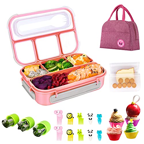 Kishilly Bento Lunch Box for Kids/Adult, Microwavable Kids Bento Box Lunch Containers With Lunch Bag Cookie Cutters Fruit Picks Silicone Cup Reusable Storage Bags for School,Work and Picnic (Pink)