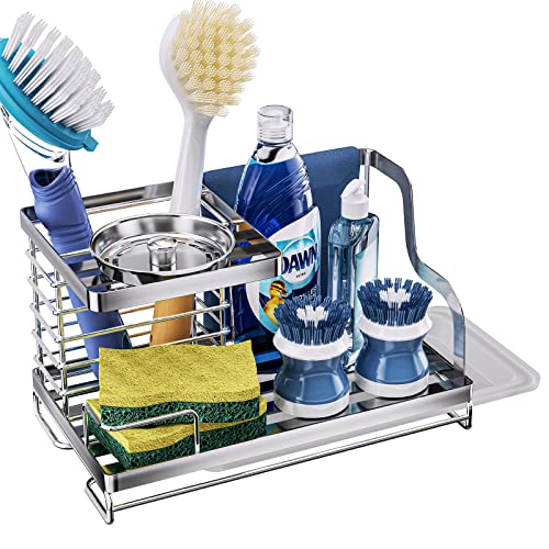 Consumest Kitchen Sponge Holder Sink Caddy, Double-layer Soap Sponge and Brush Holder with Removable Drain Tray, SUS304 Stainless Steel Kitchen Sink Organizer, Silver (8.26 × 4.72 × 5.11 inch)