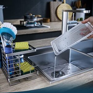 Consumest Kitchen Sponge Holder Sink Caddy, Double-layer Soap Sponge and Brush Holder with Removable Drain Tray, SUS304 Stainless Steel Kitchen Sink Organizer, Silver (8.26 × 4.72 × 5.11 inch)