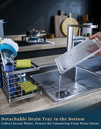 Consumest Kitchen Sponge Holder Sink Caddy, Double-layer Soap Sponge and Brush Holder with Removable Drain Tray, SUS304 Stainless Steel Kitchen Sink Organizer, Silver (8.26 × 4.72 × 5.11 inch)