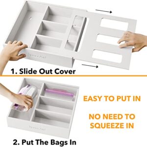 SpaceAid Bag Storage Organizer for Kitchen Drawer, Bamboo Organizer, Compatible with Gallon, Quart, Sandwich and Snack Variety Size Bag (1 Box 4 Slots), White
