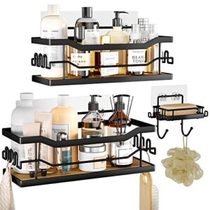 swtymiki shower caddy over shower head, 3 tier rustproof hanging shower organizer with 16 hooks & dual soap holder, large capacity shower rack over the shower head for bathroom shower room, bronze