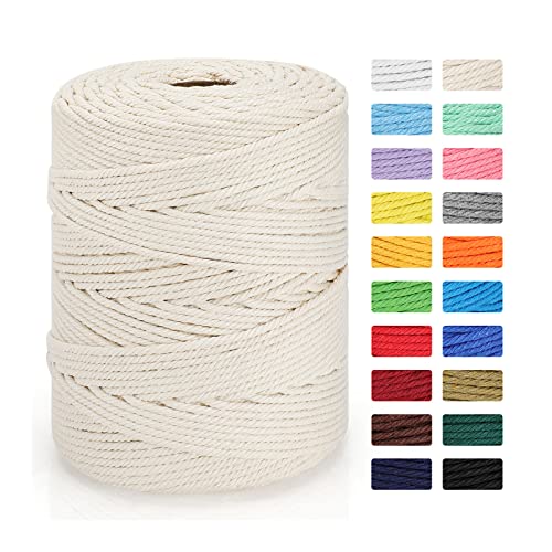 Macrame Cord 4mm x 328yd | 100% Natural Cotton Macrame Rope | 4 Strand Twisted Cotton Cord for DIY Crafts Knitting Plant Hangers Wedding Decor, Beige