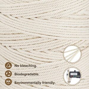 Macrame Cord 4mm x 328yd | 100% Natural Cotton Macrame Rope | 4 Strand Twisted Cotton Cord for DIY Crafts Knitting Plant Hangers Wedding Decor, Beige