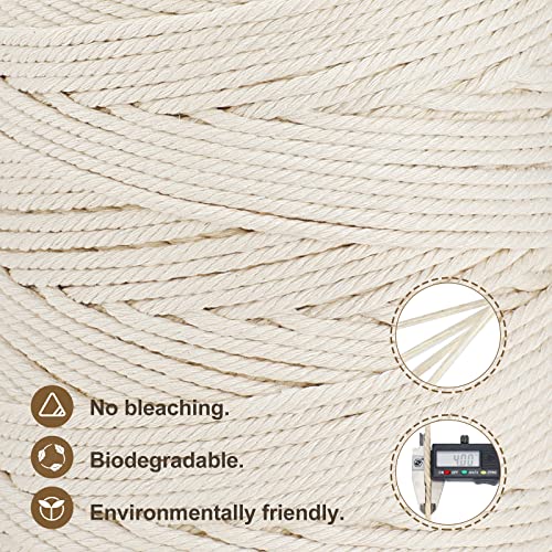 Macrame Cord 4mm x 328yd | 100% Natural Cotton Macrame Rope | 4 Strand Twisted Cotton Cord for DIY Crafts Knitting Plant Hangers Wedding Decor, Beige