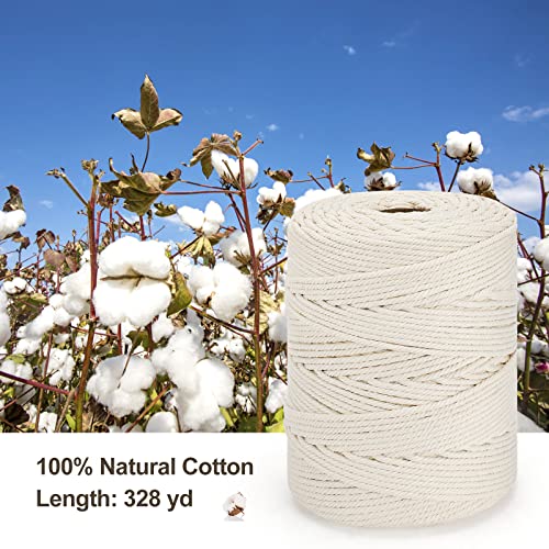 Macrame Cord 4mm x 328yd | 100% Natural Cotton Macrame Rope | 4 Strand Twisted Cotton Cord for DIY Crafts Knitting Plant Hangers Wedding Decor, Beige