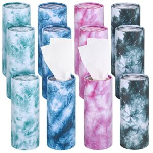 12 pieces cylinder car tissues boxes printed car napkins round disposable tissues boxes travel facial tissues boxes for car cup holder (tie dye style)