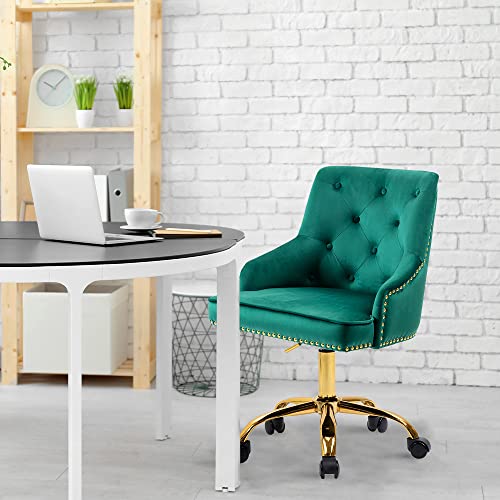 Home Velvet Office Chair Tufted Computer Desk Chair Swivel Adjustable Accent Vanity Chair with Arms Nailhead Trim for Bedroom