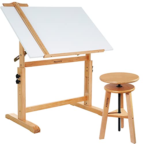 MEEDEN White Board Drafting Table and Stool Set, Height Adjustable Artist Stool and Craft Table, Tiltable Tabletop of Drawing Desk, Wooden Stool, Perfect for Writing, Artwork, Artists Studio