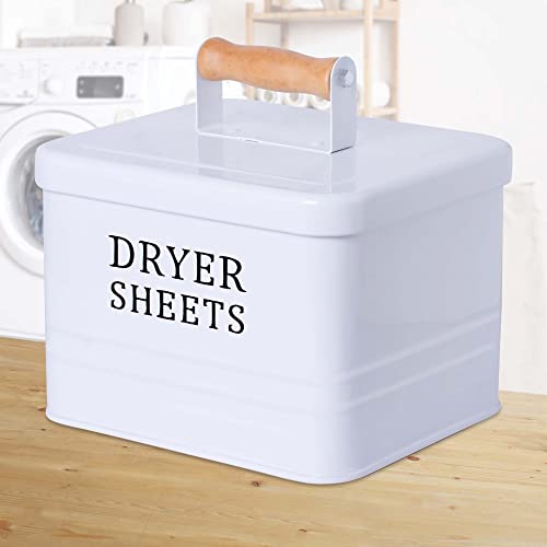 DAYA FASHION Dryer Sheet Holder, Metal Farmhouse Dryer Sheet Dispenser for Laundry Room, White Dryer Sheet Container with Lid, Fabric Sheet Holder Storage Bin