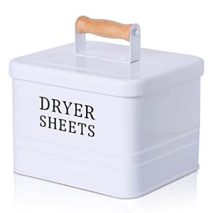 DAYA FASHION Dryer Sheet Holder, Metal Farmhouse Dryer Sheet Dispenser for Laundry Room, White Dryer Sheet Container with Lid, Fabric Sheet Holder Storage Bin