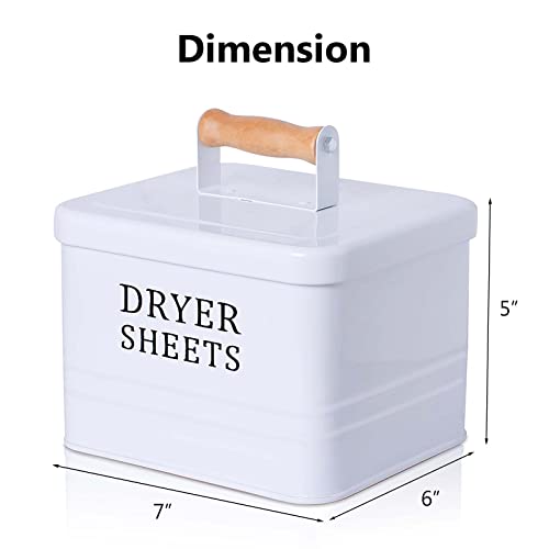 DAYA FASHION Dryer Sheet Holder, Metal Farmhouse Dryer Sheet Dispenser for Laundry Room, White Dryer Sheet Container with Lid, Fabric Sheet Holder Storage Bin