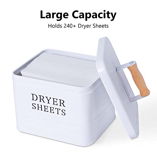 DAYA FASHION Dryer Sheet Holder, Metal Farmhouse Dryer Sheet Dispenser for Laundry Room, White Dryer Sheet Container with Lid, Fabric Sheet Holder Storage Bin