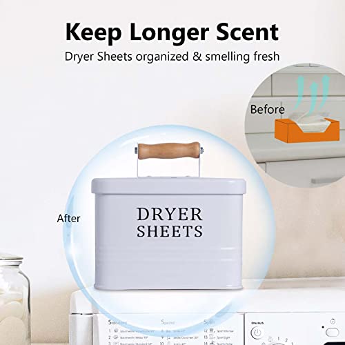 DAYA FASHION Dryer Sheet Holder, Metal Farmhouse Dryer Sheet Dispenser for Laundry Room, White Dryer Sheet Container with Lid, Fabric Sheet Holder Storage Bin