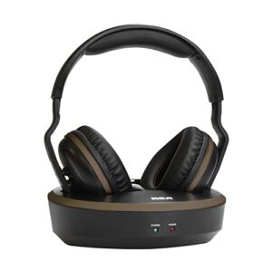 rca wireless over-ear rechargeable stereo headphones, transmits audio signal up to 150 feet, 40mm speakers for outstanding sound performance, pll technology loops in frequency to prevent signal loss
