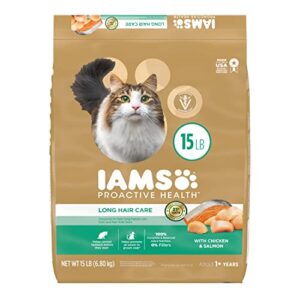 iams proactive health long hair care adult dry cat food with real chicken, 15 lb. bag