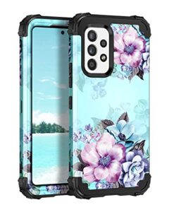 casetego compatible with galaxy a53 5g case,floral three layer heavy duty sturdy shockproof full body protective cover case for samsung galaxy a53 5g,blue flower