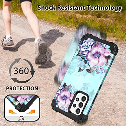 Casetego Compatible with Galaxy A53 5G Case,Floral Three Layer Heavy Duty Sturdy Shockproof Full Body Protective Cover Case for Samsung Galaxy A53 5G,Blue Flower