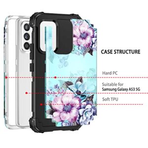 Casetego Compatible with Galaxy A53 5G Case,Floral Three Layer Heavy Duty Sturdy Shockproof Full Body Protective Cover Case for Samsung Galaxy A53 5G,Blue Flower