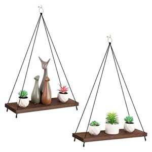 hanging shelves wall decor wood hanging shelf with metal hooks set of 2 farmhouse rustic floating shelving for bedroom bathroom living room hanging plant shelf with boho cotton rope
