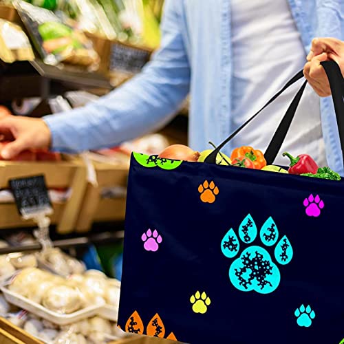 Reusable Shopping Basket Black Colourful Dog Paw Prints Portable Folding Picnic Grocery Bags Laundry Basket Shopping Tote Bag