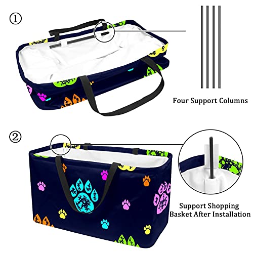 Reusable Shopping Basket Black Colourful Dog Paw Prints Portable Folding Picnic Grocery Bags Laundry Basket Shopping Tote Bag