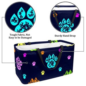 Reusable Shopping Basket Black Colourful Dog Paw Prints Portable Folding Picnic Grocery Bags Laundry Basket Shopping Tote Bag