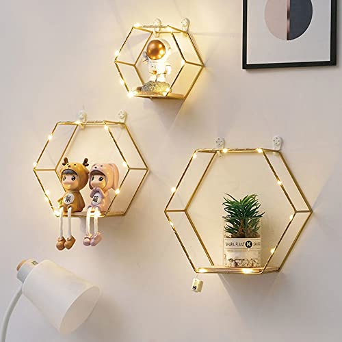 Liywall - Hexagon Floating Shelves Wall Decor, Gold Metal Wire and Wood Wall Mounted Storage Shelf Home Decorations Art for Bedroom Living Room Kitchen Bathroom, Set of 3 with LED Lights