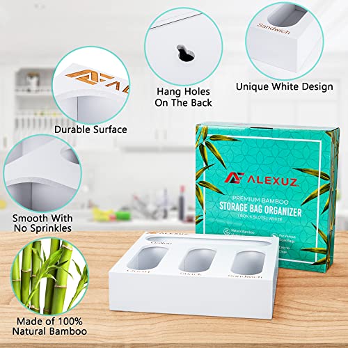 ALEXUZ Bamboo Food Storage Bag Organizer for Kitchen Drawer, Baggie Organizer Dispenser Compatible with Ziploc, Solimo, Glad, Hefty for Gallon, Quart, Sandwich & Snack Variety Size Bags (White)