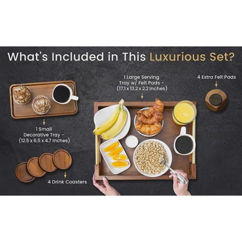 Multifunctional Luxury Acacia Wood Tray Set - Modern, Rustic Wood Serving Tray with Handles for Indoor & Outdoor Use – Luxurious Giftable Bundle with Large & Small Wood Serving Board & 4 Coasters