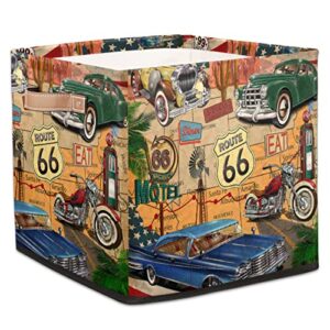 repair route 66 retro poster cube storage bins 13 x 13 x 13 inch, vintage garage fabric organizer bins basket boxes with pu leather handles foldable storage cube for clothes bedroom closet shelves
